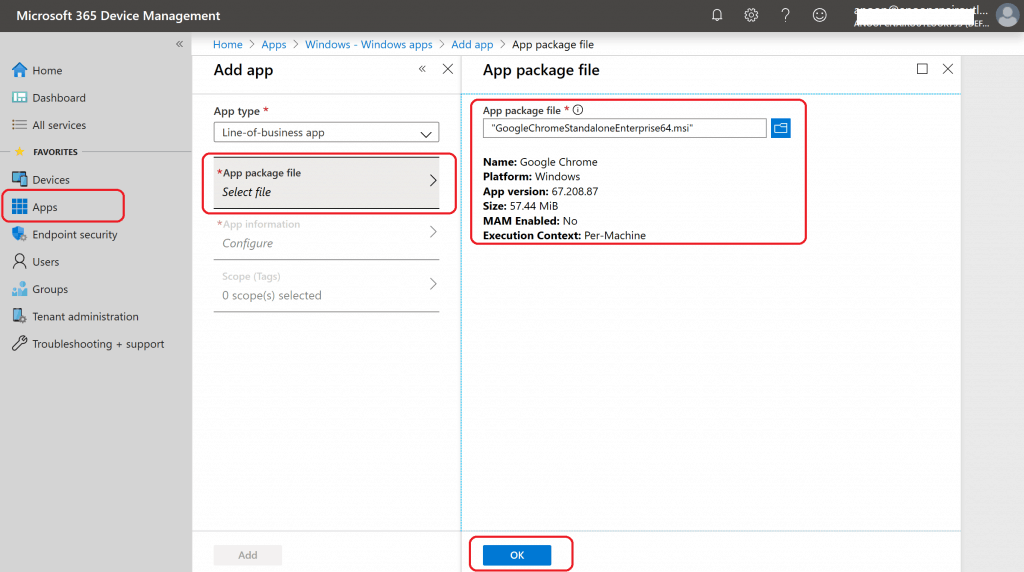 App Package File Selection - Intune Google Chrome Browser - Upload Google Chrome Browser using Intune Line of Business Application 