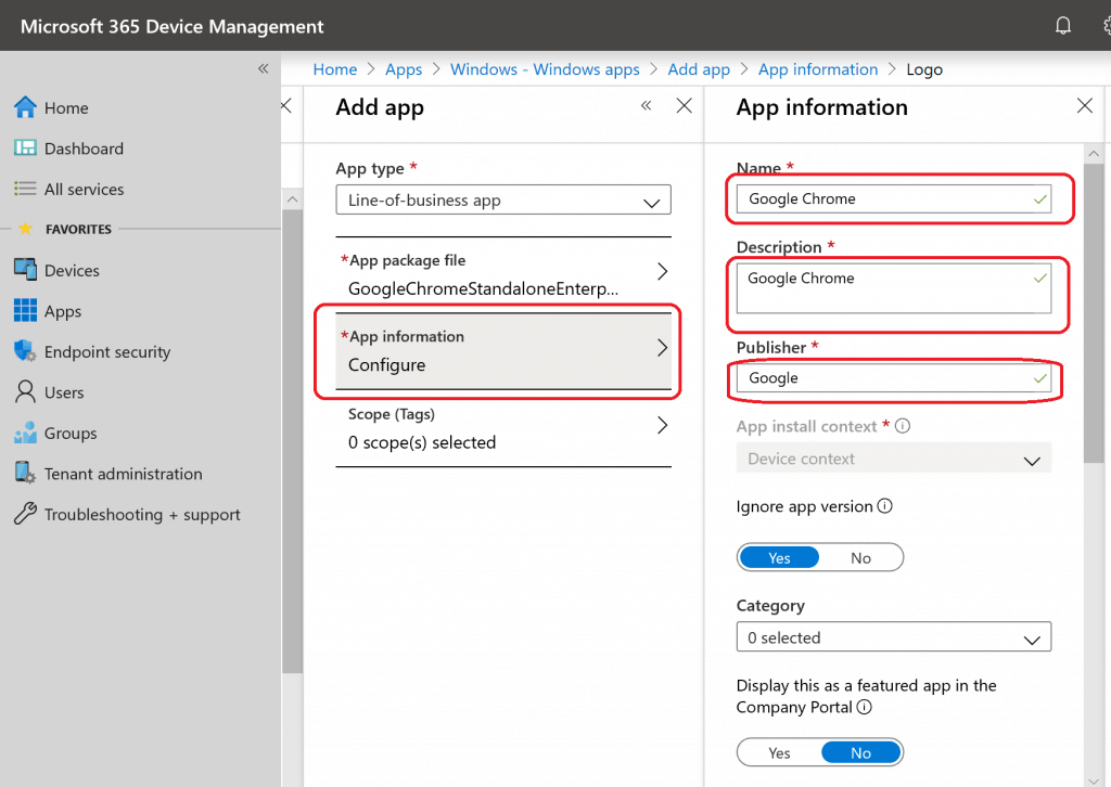 App Information - Intune Google Chrome Browser