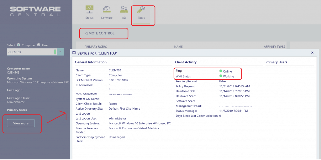 Remote Control - SoftwareCentral - SCCM Admin Web Console 