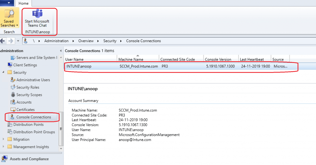 Teams Chat options - SCCM console Connections