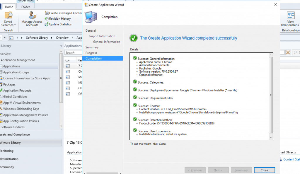 Deploy Google Chrome with SCCM - Create Application Wizard Completed Successfully