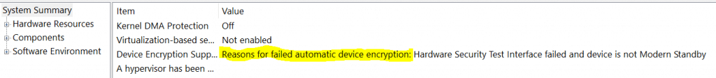 msinfo32 showing Device Encryption not supported reason