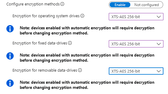 Intune Windows Endpoint Protection Configuration Policy for Bitlocker - Custom Bitlocker policy to override Device Encryption?