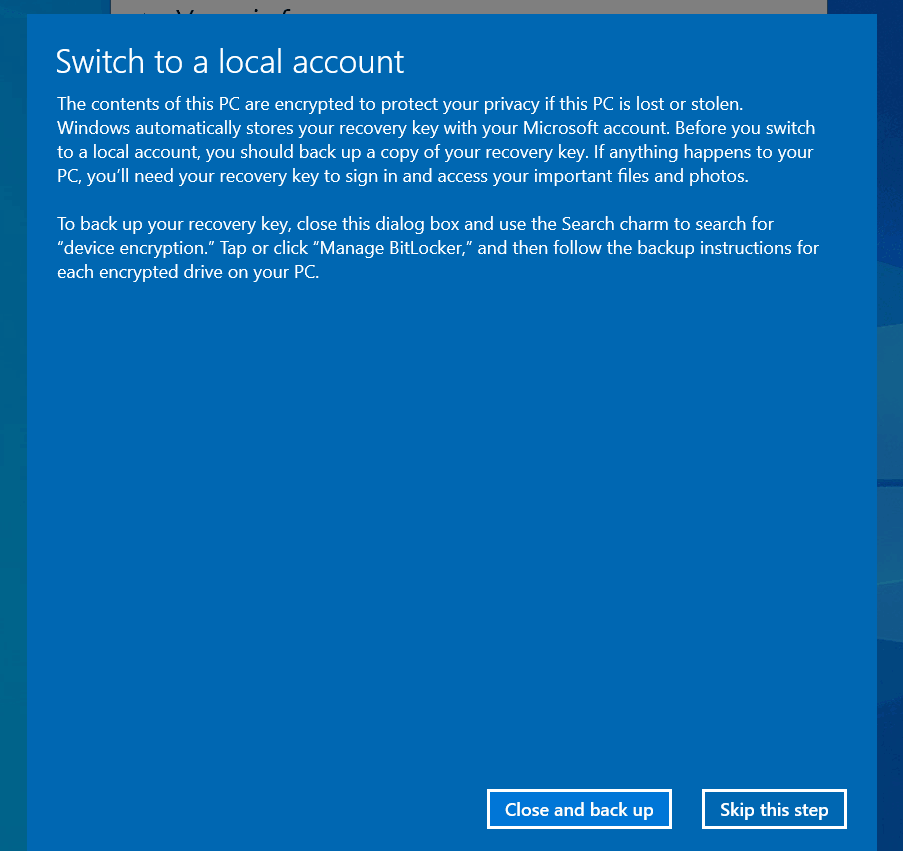 Switching back to local account - Backup Recovery Key - Device Encryption