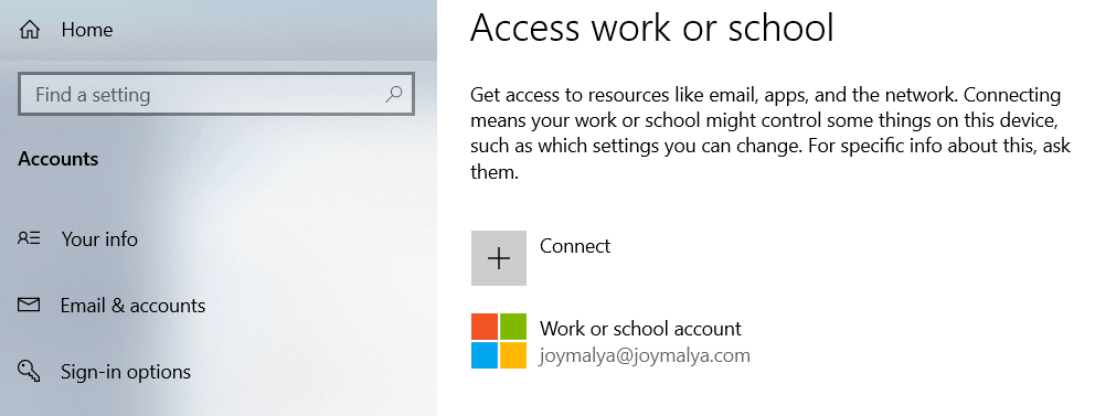 Settings > Accounts > Access work or school (To setup work account from local account) - Device Encryption