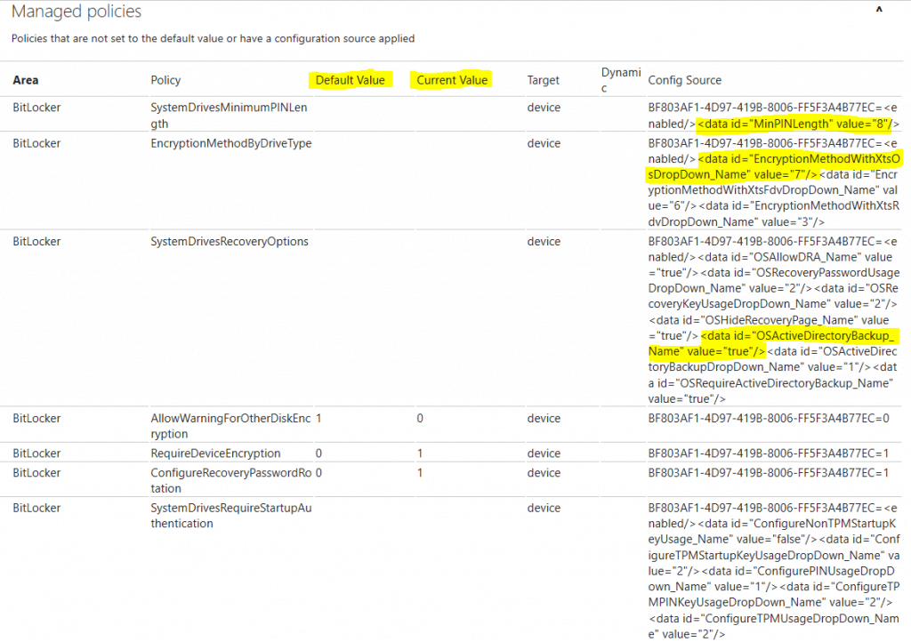 Bitlocker Drive Encryption - Check MDM Diag report to see if the policy showing the values as configured in portal