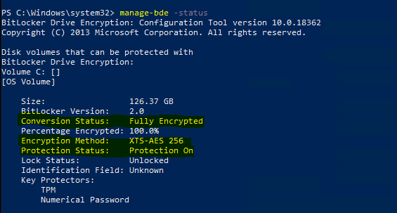 Bitlocker Drive Encryption - manage-bde -status to show encryption status of device