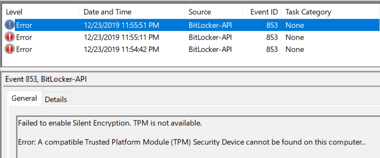 Bitlocker Drive Encryption - Silent Encryption failed for TPM