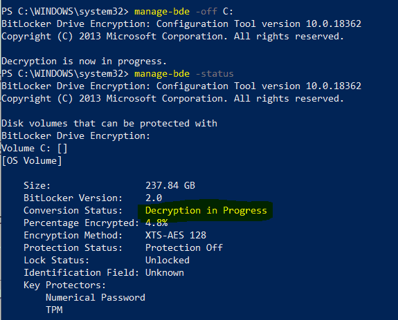 Bitlocker Drive Encryption - manage-bde tool to decrypt device manually to turn off Device Encryption