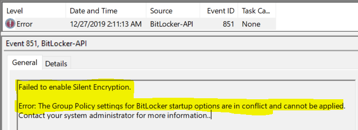 Bitlocker Drive Encryption - Event showing conflicting GPO for silent encryption failure