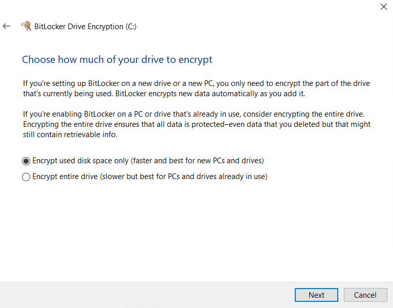 Bitlocker Drive Encryption - User Aided flow - Choose encyrption type - Full or Used Space only