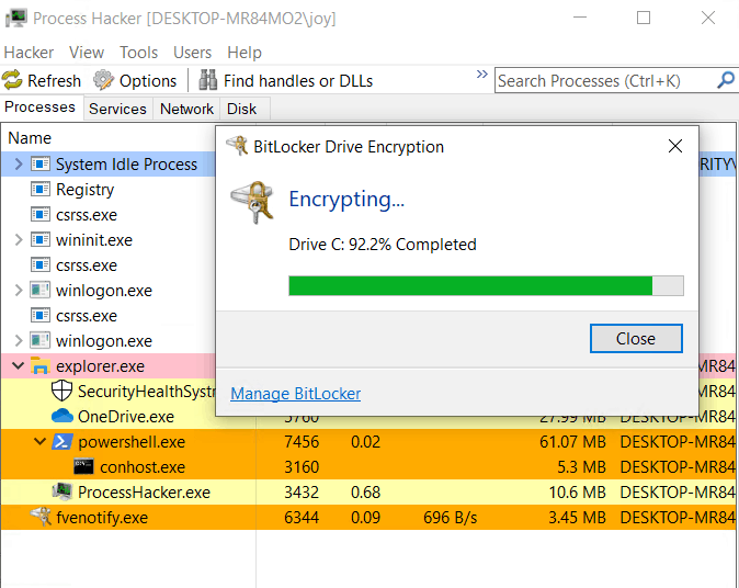 Bitlocker Drive Encryption - User Aided flow - fevnotify.exe shows the encryption progress