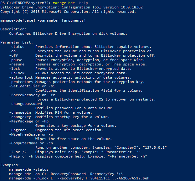 Bitlocker Drive Encryption - cmdline tool manage-bde to manage and modify settings