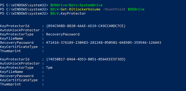 Bitlocker Drive Encryption - Using the Bitlocker PS module to retrieve Key Protector ID for System Drive - Output of sample code snippet