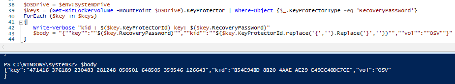 Bitlocker Drive Encryption - Output of sample script snippet as above - showing how Win32_EncryptableVolume WMI class methods are used for Bitlocker operations