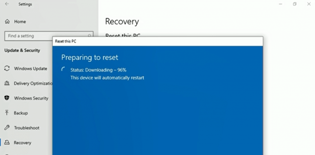 Preparing to reset - Windows 10 20H1