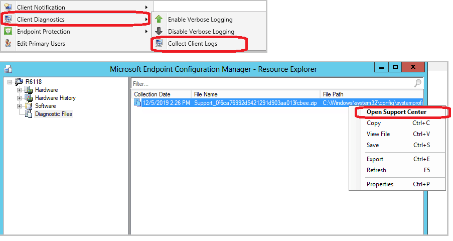 Open the client logs from Resource Explorer - Diagnostic Files - Open Support Center 