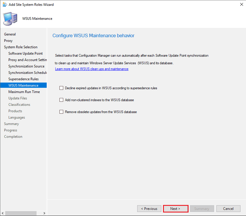 Configure WSUS Maintenance Behavior - New ConfigMgr Software Update Role