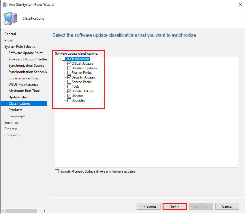 Select the Software update classification that you want to synchronize - New ConfigMgr Software Update Role