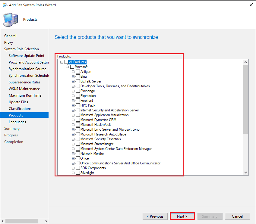 Select the products that you want to synchronize - New SCCM Remote SUP Installation Options