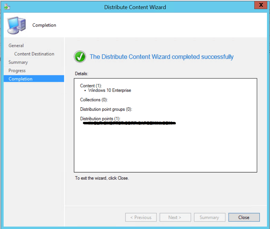 The Distribute Content Wizard completed Successfully