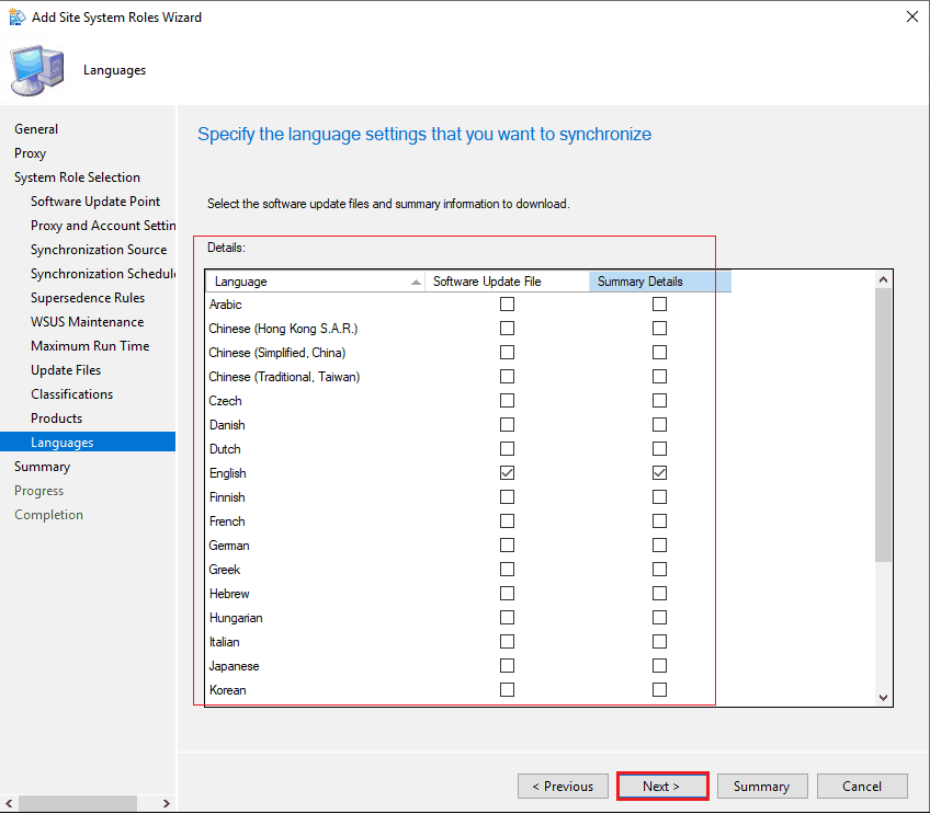 Specify the Language settings that you want to synchronize - New ConfigMgr Software Update Role