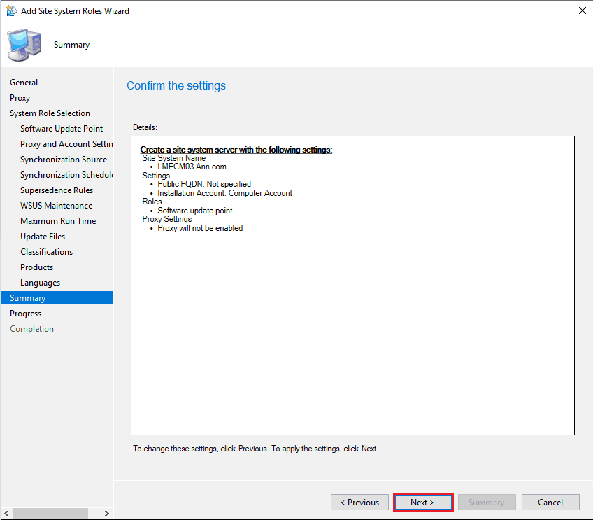 SUP Role Setup Confirm the Settings