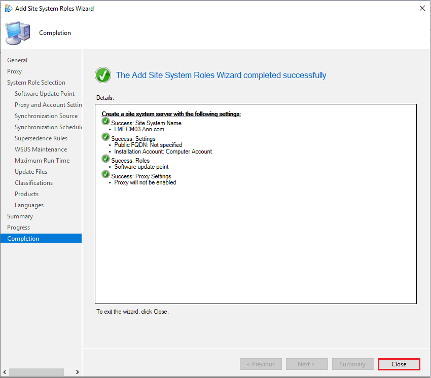 SCCM SUP Installation - The Add Site System Roles Wizard completed successfully