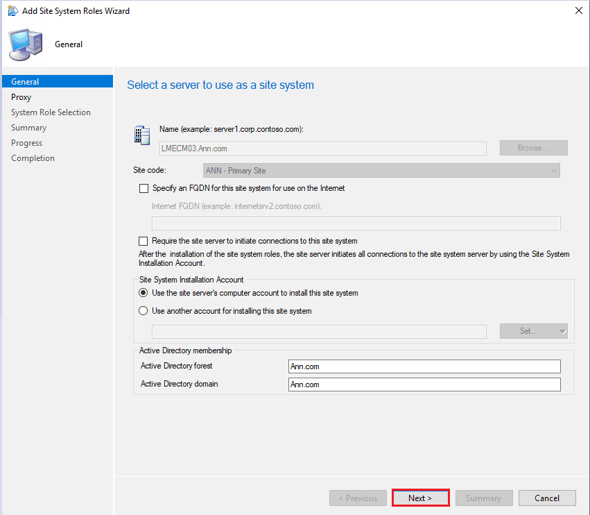 Select a Server to use as a site system -  guide is to setup Remote SUP role for SCCM 