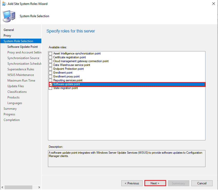 Specify roles this new remote site system server - Software Update Role