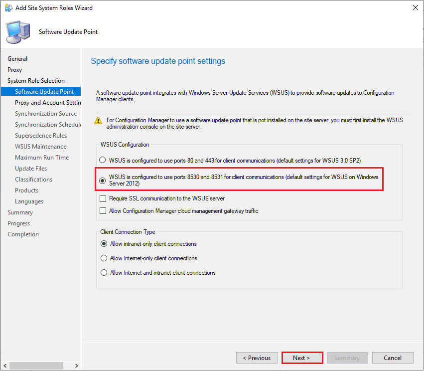 Specify software update point settings - Remote SUP installation guide