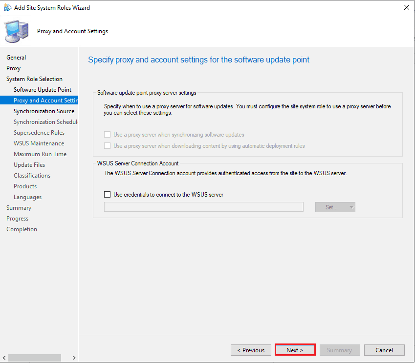 Specify proxy and account settings for software update point