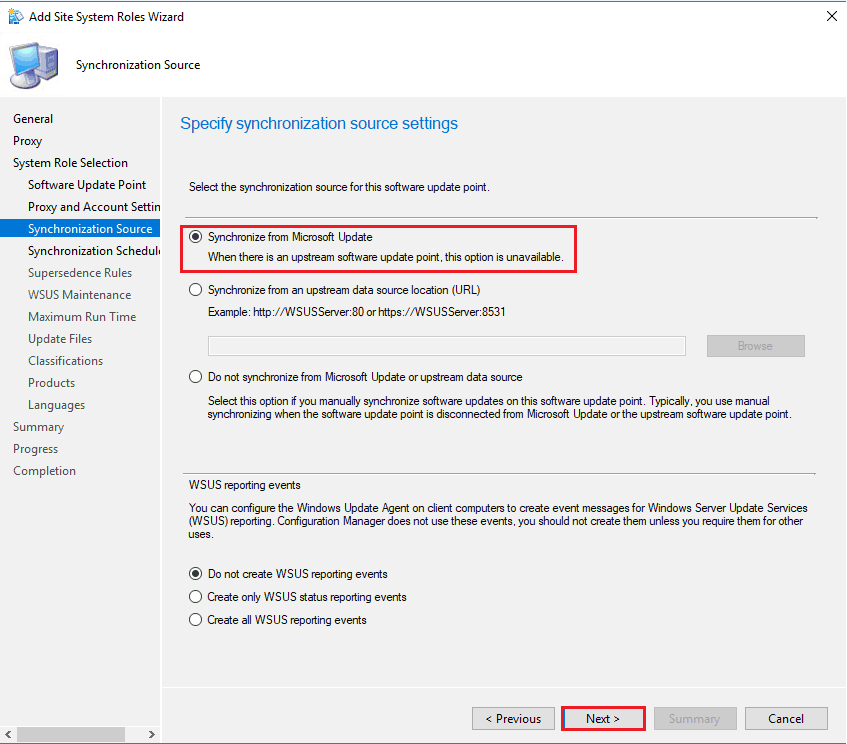 Specify Synchronization source settings - New ConfigMgr Software Update Role