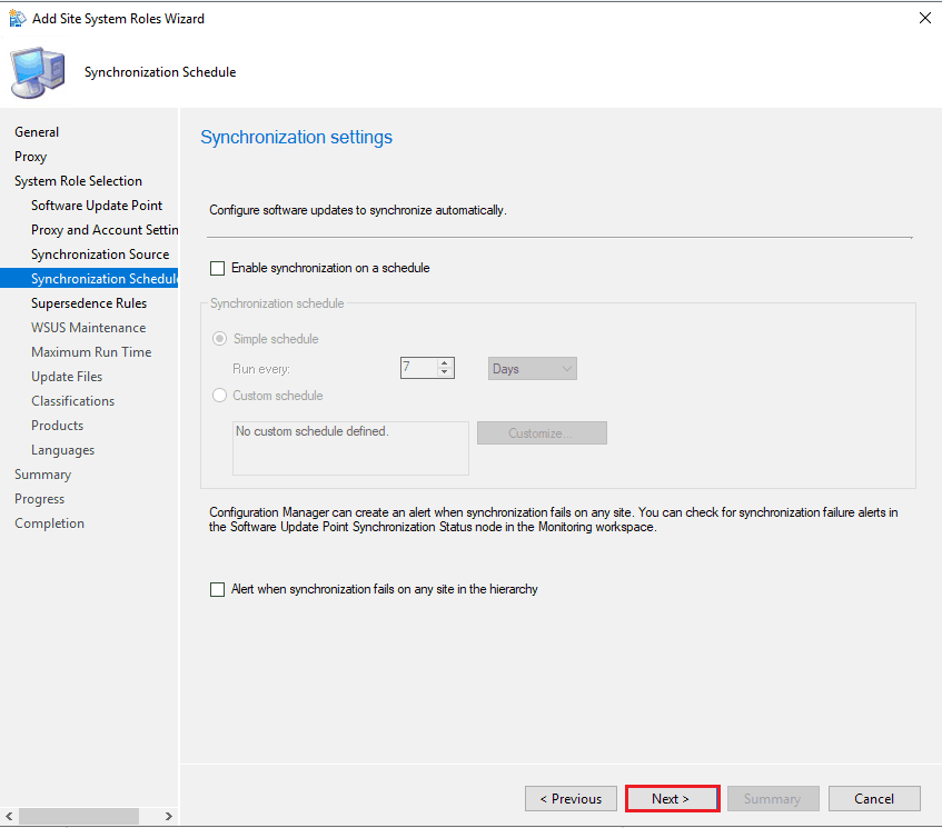 Synchronization Schedule for remote SUP role installation