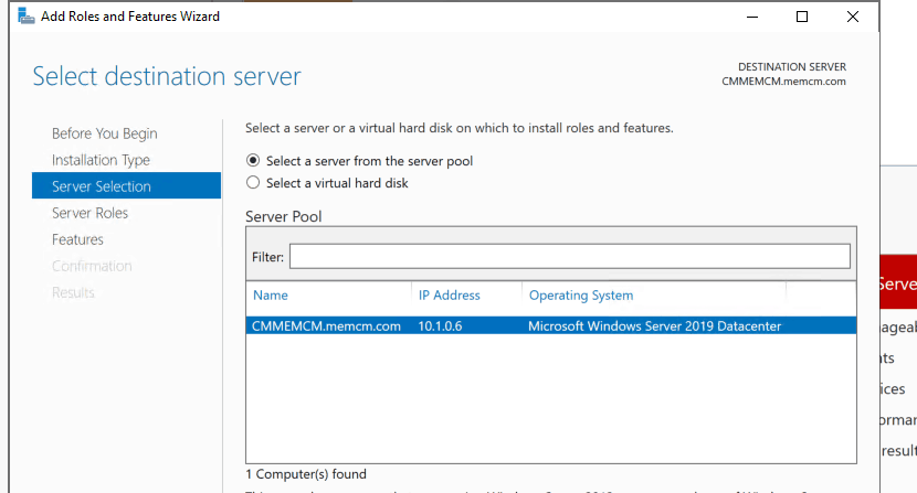 Select Destination Server for WSUS installation - Install WSUS for ConfigMgr