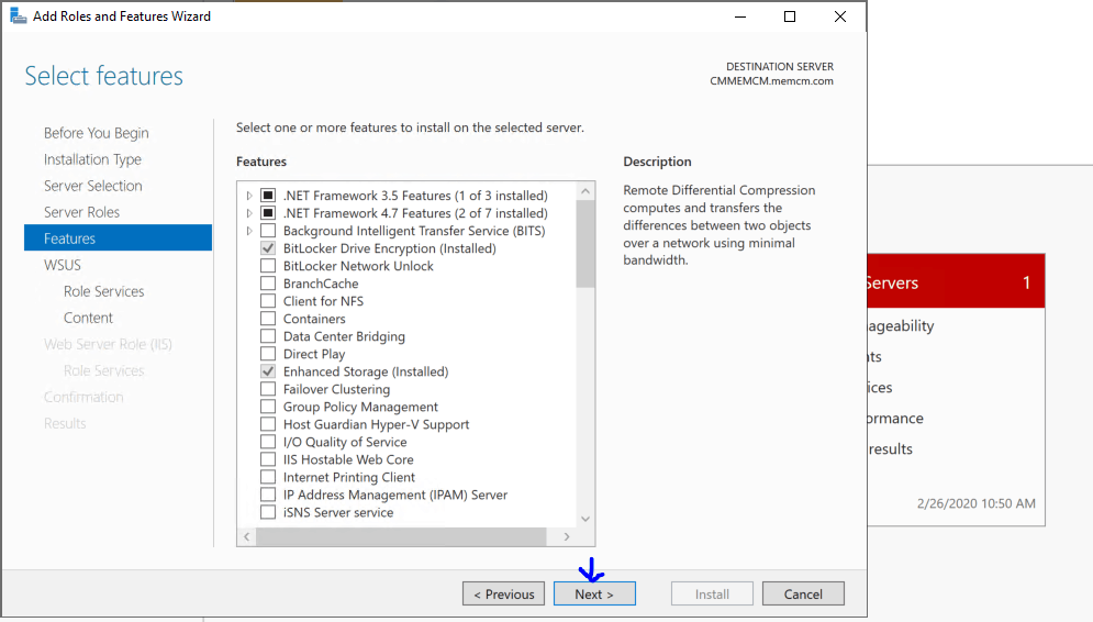 Select Features for WSUS - Install WSUS for ConfigMgr