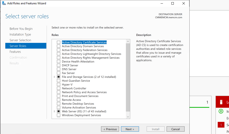 Select Server Roles for Remote Differential Compression & BITS installation