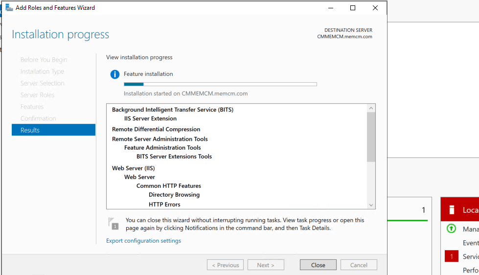 Confirmation Screen for the Installation - Install Remote Differential Compression BITS