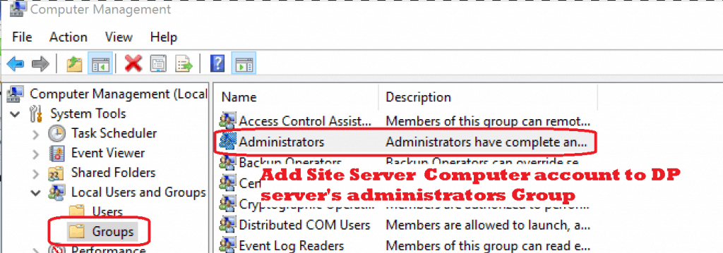 Add server account to administrators group