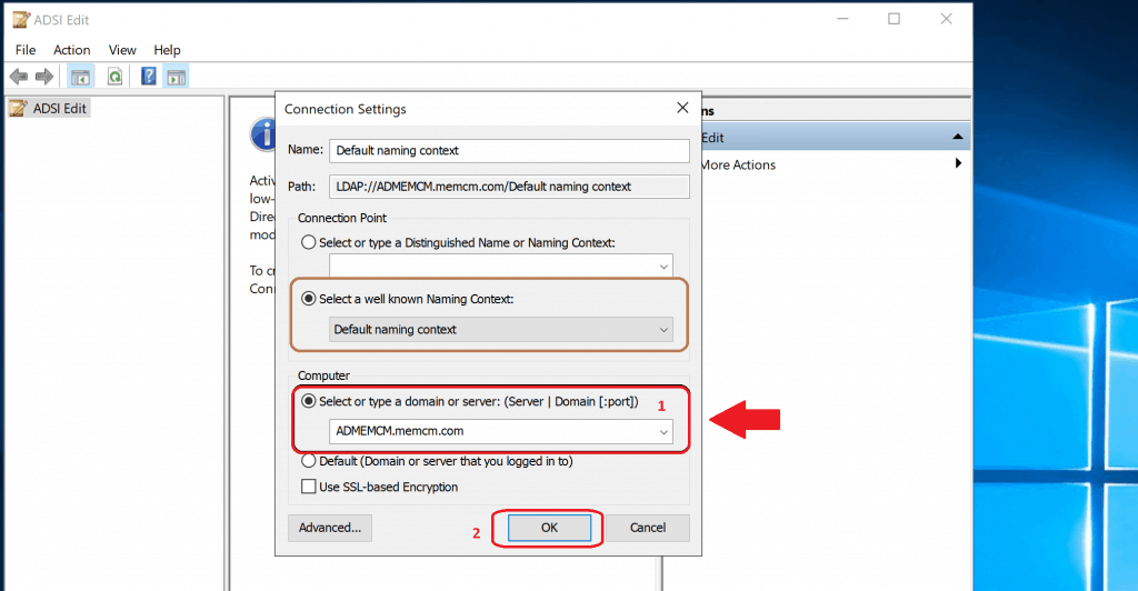 Select or type a domain or server - Create System Management Container 