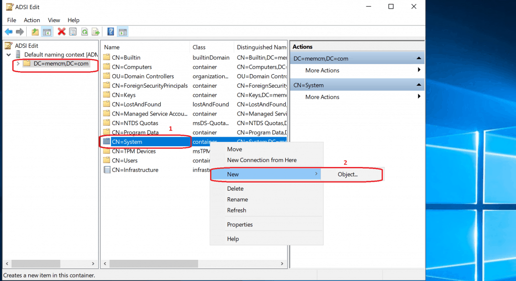 Select New, and then choose Object Create System Management Container for SCCM | ConfigMgr