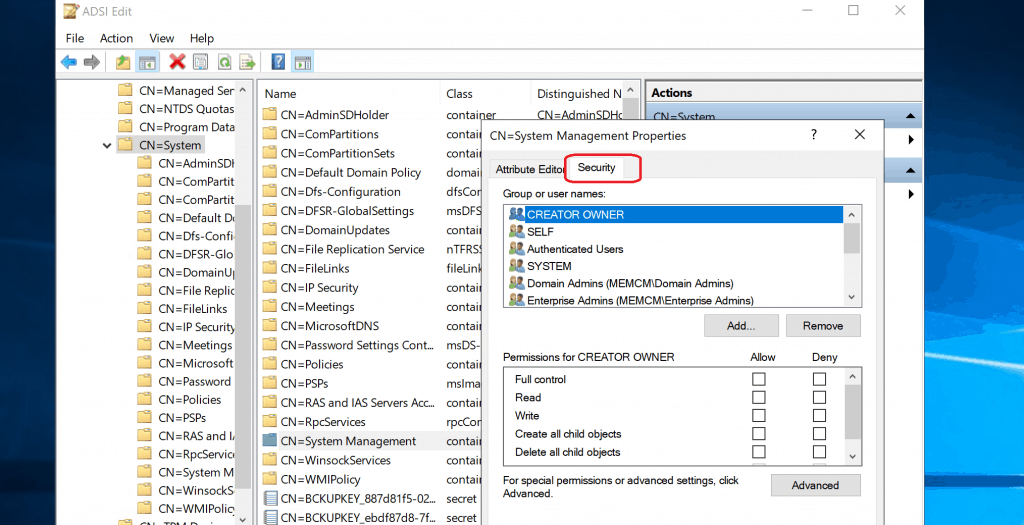 Select Security Tab from System Management Properties - Assign Permission for System Management Container