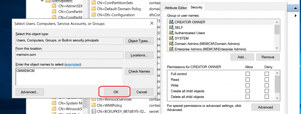 Add the site system server access to System Management container