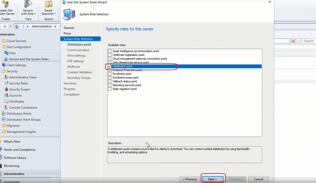 Select Distribution Point Option- New Distribution Point Role