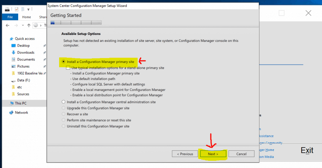 Available Setup options for ConfigMgr Primary Server Setup