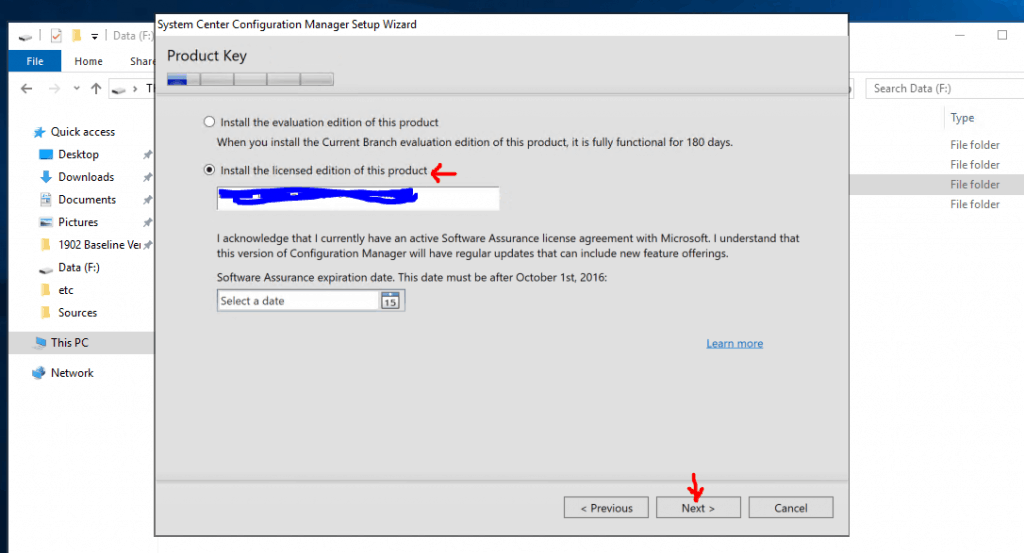 Product Key Selection Page for SCCM Current Branch