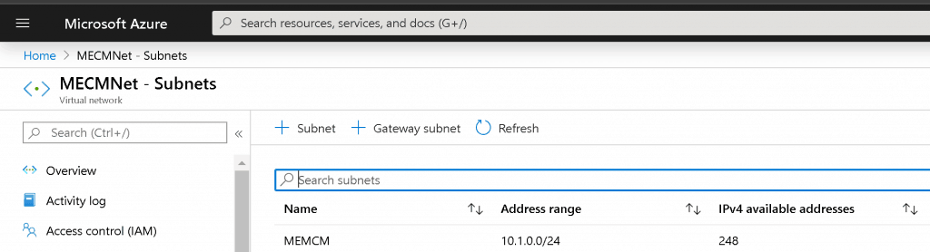 Virtual Network created for SCCM Lab infrastructure in Azure -  Setup Azure Bastion Connect to SCCM Server