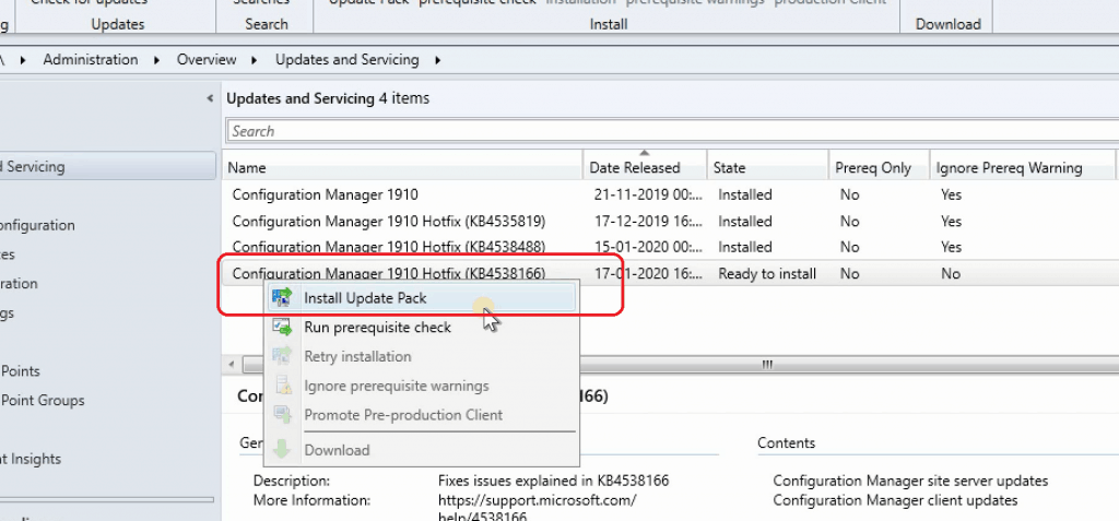 ConfigMgr KB4538166 Install Update Pack 