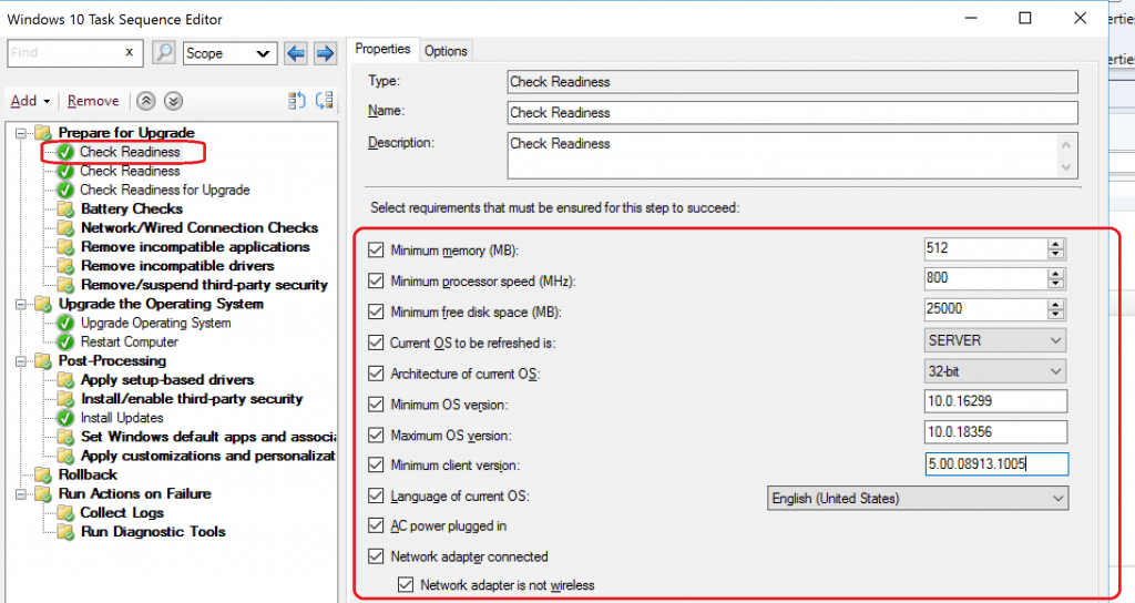 SCCM Task Sequence Check Readiness Options Before Windows 10 Upgrade 1 Configuration Manager 2001 Technical Preview Version 1 Task Sequence Check Readiness