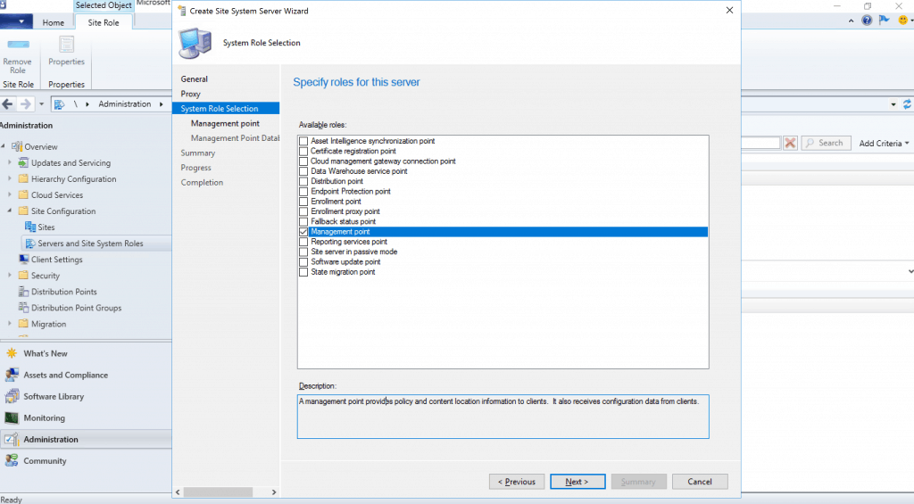 Specify roles for this server - Management Point